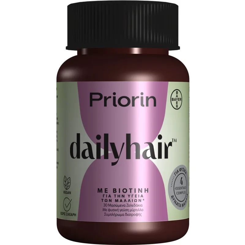 Priorin Dailyhair Biotin Συμπλήρωμα Διατροφής με Εκχύλισμα Κολοκύθας, Σελήνιο, Ψευδάργυρο & Βιοτίνη για τη Διατήρησης της Καλής Υγείας των Μαλλιών με Γεύση Μύρτιλο 30 Ζελεδάκια