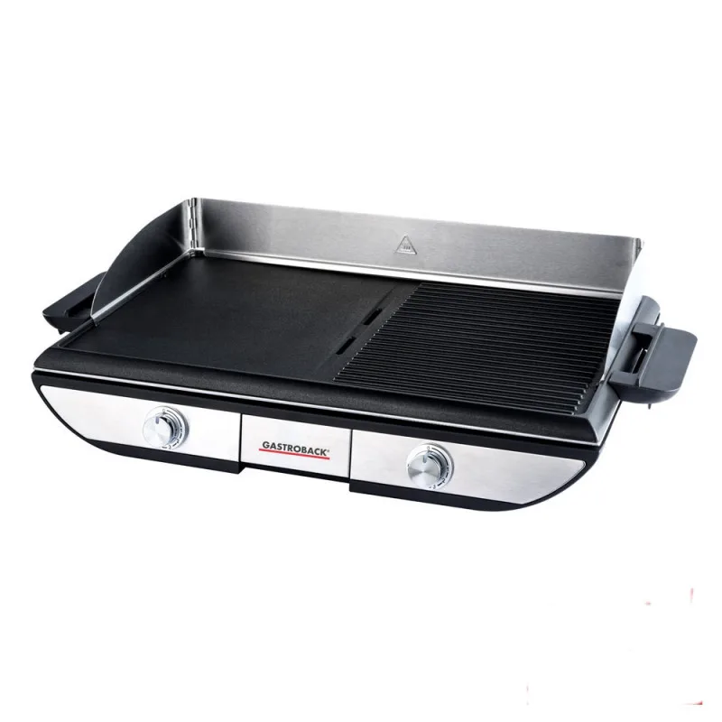 Ηλεκτρική ψησταριά με κινητές πλάκες Gastroback Advanced Pro 42523, 2300 W, 50 × 30 cm, 90–240 °C, Λεία/ραβδωτή, Αντικολλητική, Δίσκος συλλογής λίπους, Μαύρο/ανοξείδωτο