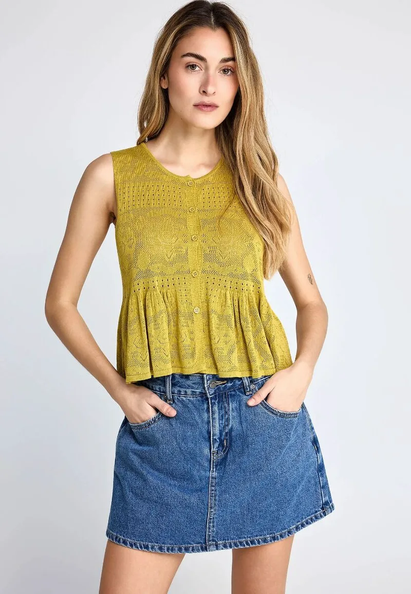 Funky Buddha Αμάνικο Crochet Τοπ FBL013-132-17 Κίτρινο