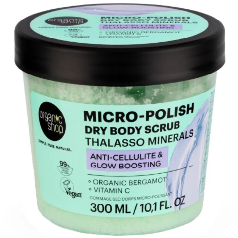 Organic Shop Thalasso Minerals Anti-Cellulite & Glow-Boosting Micro-Polish Dry Body Scrub Ξηρό Απολεπιστικό Σώματος με Άρωμα Περγαμόντο & με Βιταμίνη C Κατά της Κυτταρίτιδας για Λαμπερή & Λεία Επιδερμίδα 300ml
