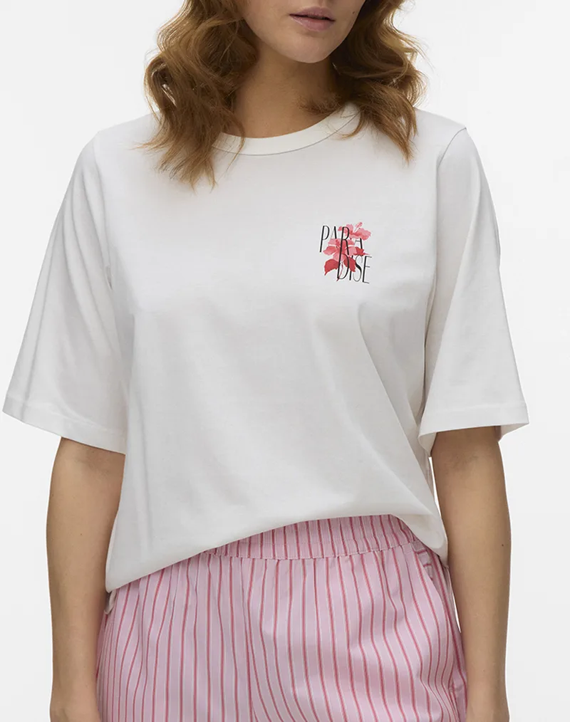 VERO MODA VMNAOMI TOVA SS TOP BOX JRS 10341950-Snow WhiteHIBISCOUS PARADISE OffWhite