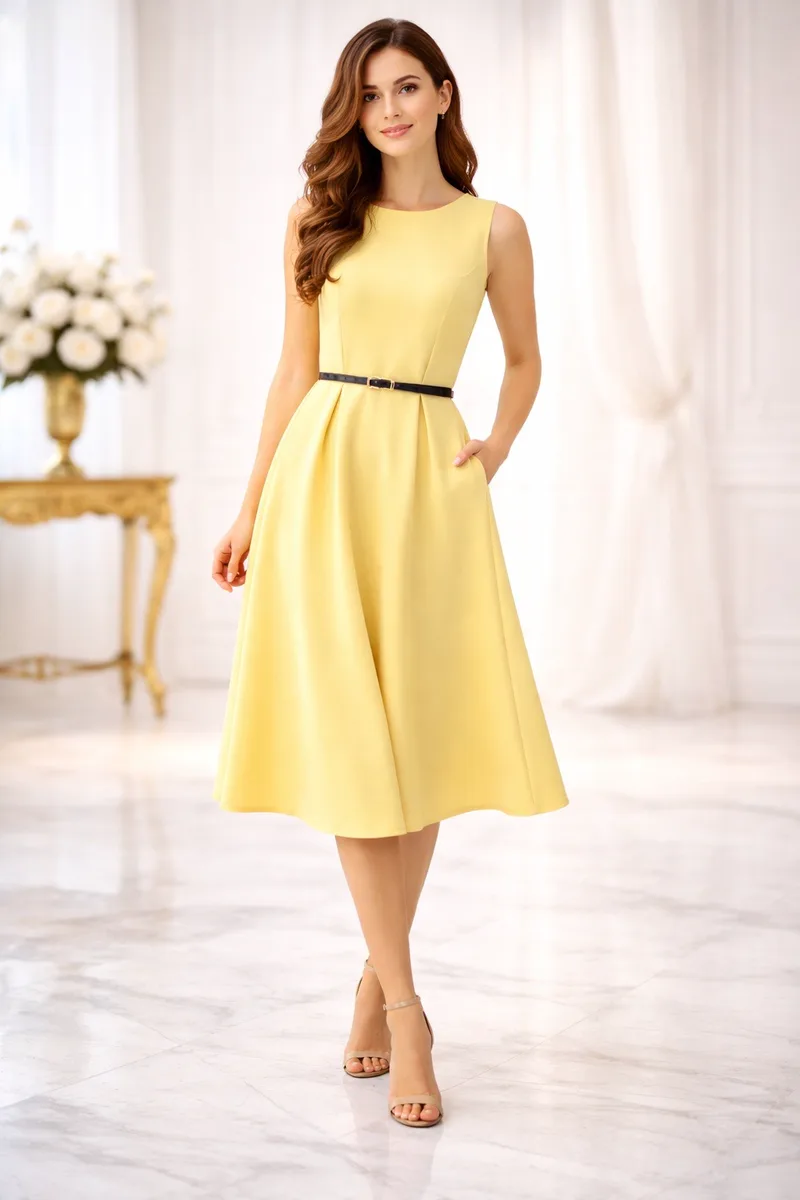 Κίτρινο Midi Φόρεμα σε Α-Γραμμή με Ζώνη | Dress Up Κίτρινο