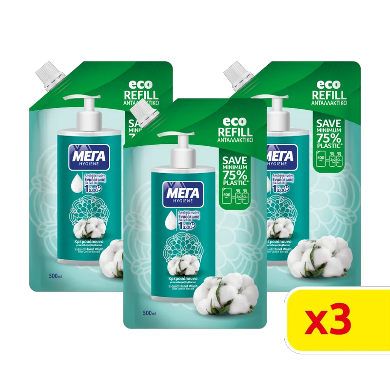 ΜΕΓΑ Κρεμοσάπουνο Hygiene Βαμβάκι Ανταλλακτικό 1500ml (3*500ml)
