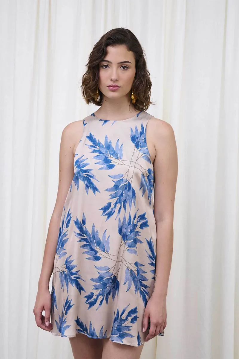 Capetanissa γυναικείο mini φόρεμα αμάνικο με σατέν όψη και leaf print Relaxed Fit "Milos" - CP142A12SAP Μπλε