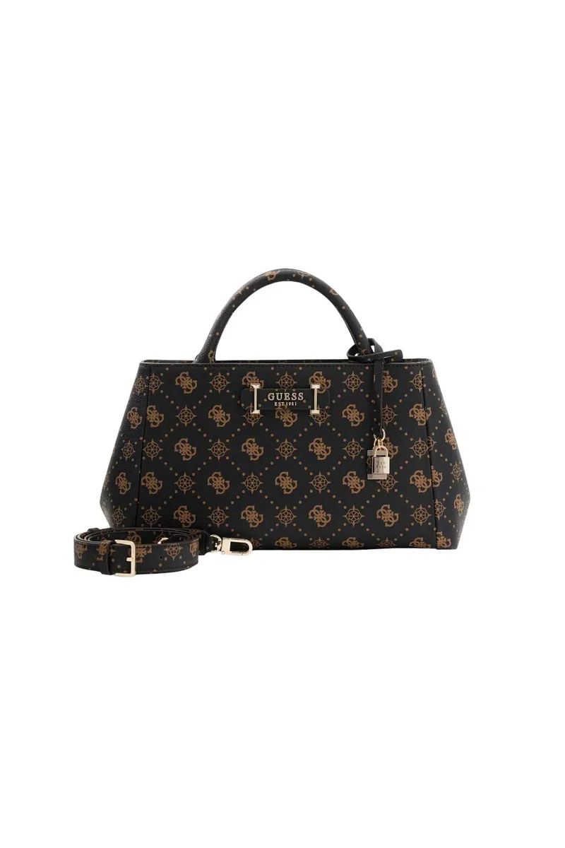 Guess γυναικεία τσάντα χειρός με all-over logo print "Carrie Logo Girlfriend Satchel" - HWGP9898060 Καφέ Σκούρο
