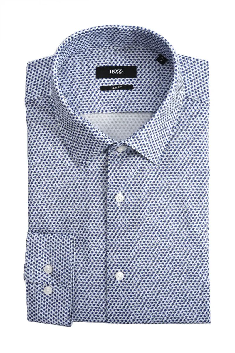 BOSS BUSINESS ΠΟΥΚΑΜΙΣΟ ΜΙΚΡΟΣΧΕΔΙΟ SLIM FIT ISKO MΠΛΕ-ΛΕΥΚΟ