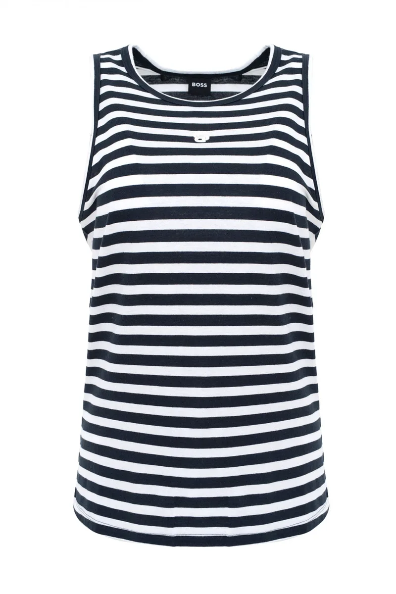 BOSS TANK TOP EVERYSA_STRIPED ΡΙΓΕ LOGO ΜΠΛΕ-ΕΚΡΟΥ