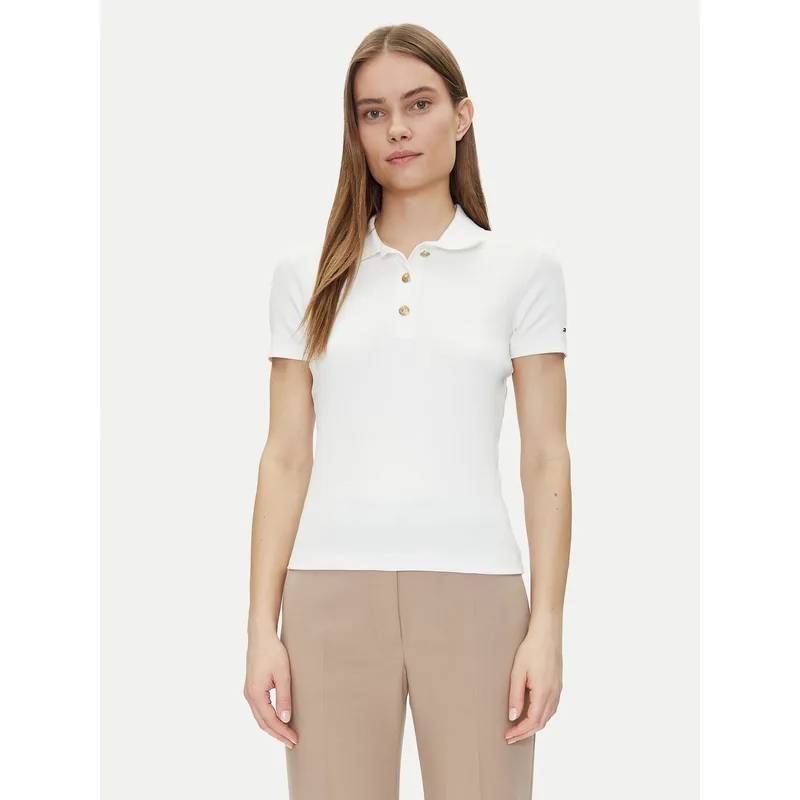Tommy Hilfiger Polo Slim Χρυσό Button Polo Ss WW0WW45436 Λευκό Regular Fit