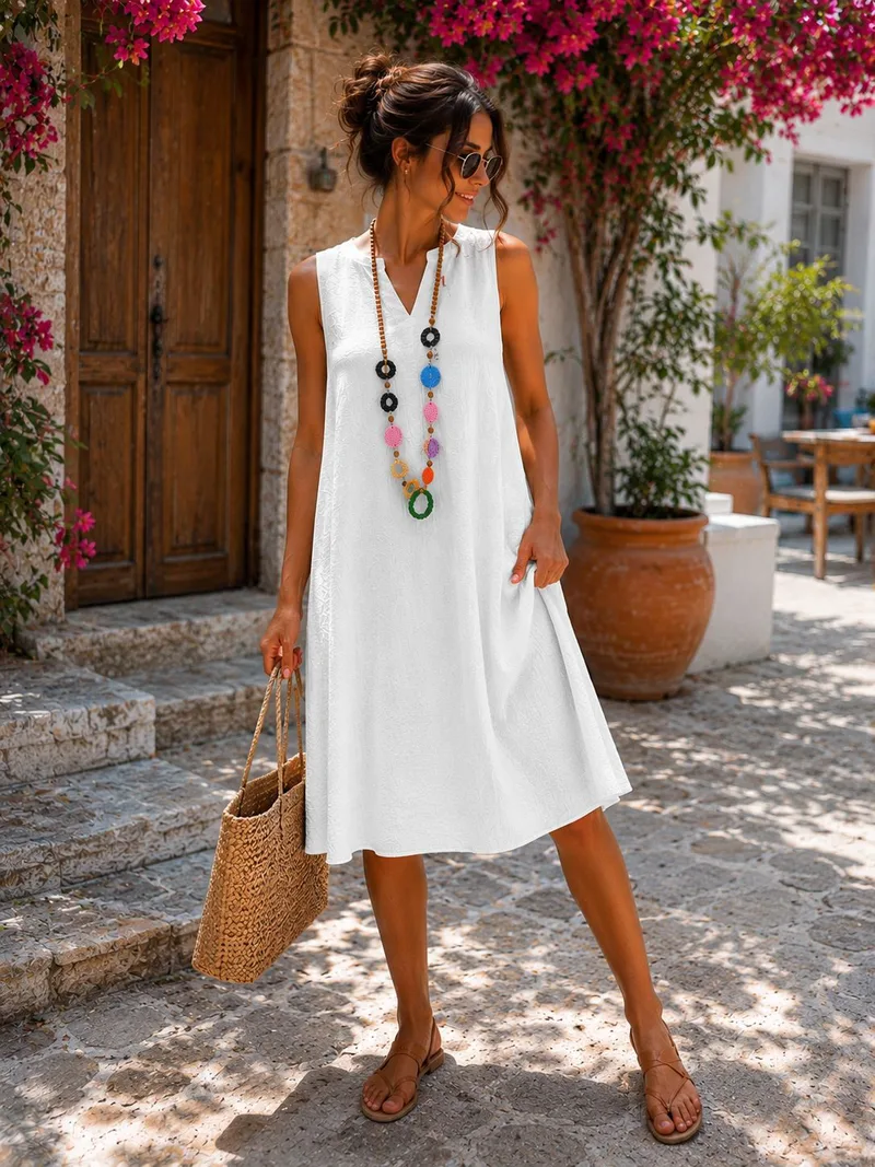 Midi Αέρινο Αμάνικο Φόρεμα με V Λαιμόκοψη - Άσπρο | Dress Up Άσπρο