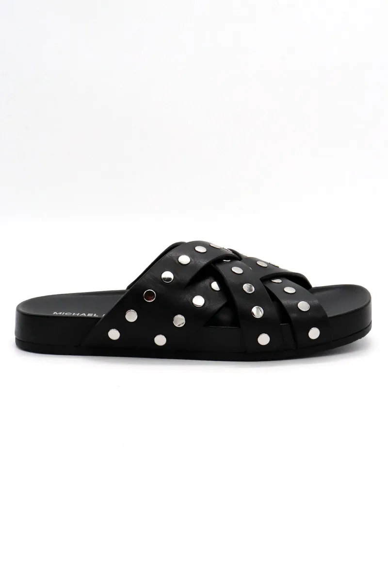 MICHAEL KORS ΠΑΠΟΥΤΣΙΑ ΠΑΝΤΟΦΛΕΣ IRENE FLAT SANDAL METAΛΛΙΚΑ ΤΡΟΥΞ LOGO ΜΑΥΡΟ