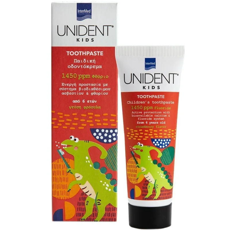 Intermed Unident Kids Strawberry Flavor 1450ppm Fluoride 6+ Years Children's Toothpaste Παιδική Οδοντόκρεμα με Ασβέστιο & Φθόριο με Γεύση Φράουλας 50ml