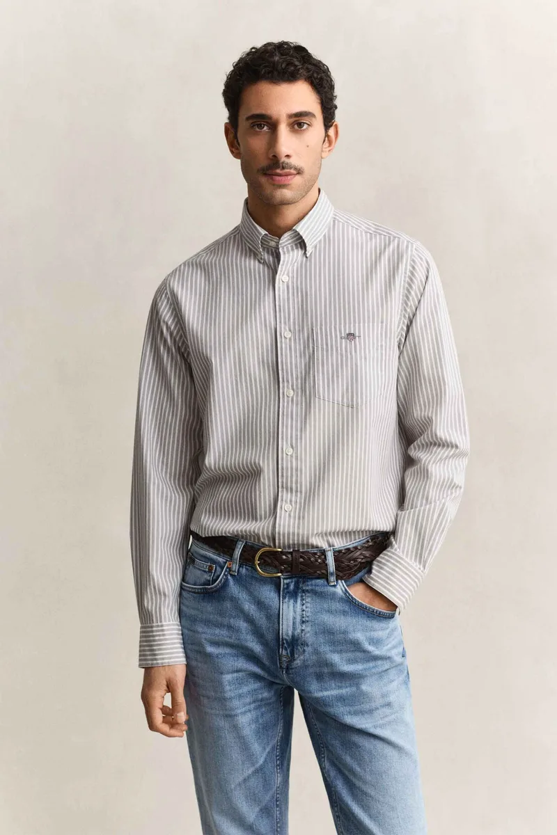 Gant ανδρικό πουκάμισο button down με ριγέ σχέδιο και τσέπη με κεντημένο λογότυπο Regular Fit - 3000130 Γκρι