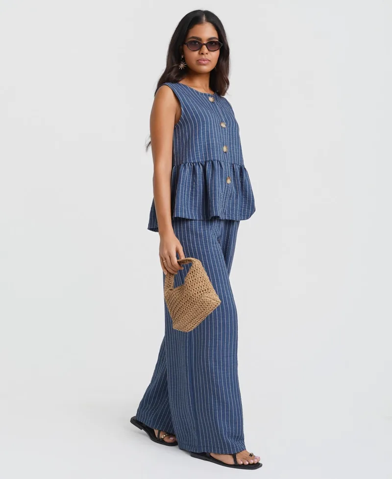 Blue Stripe Wide Leg Trousers | Size: S