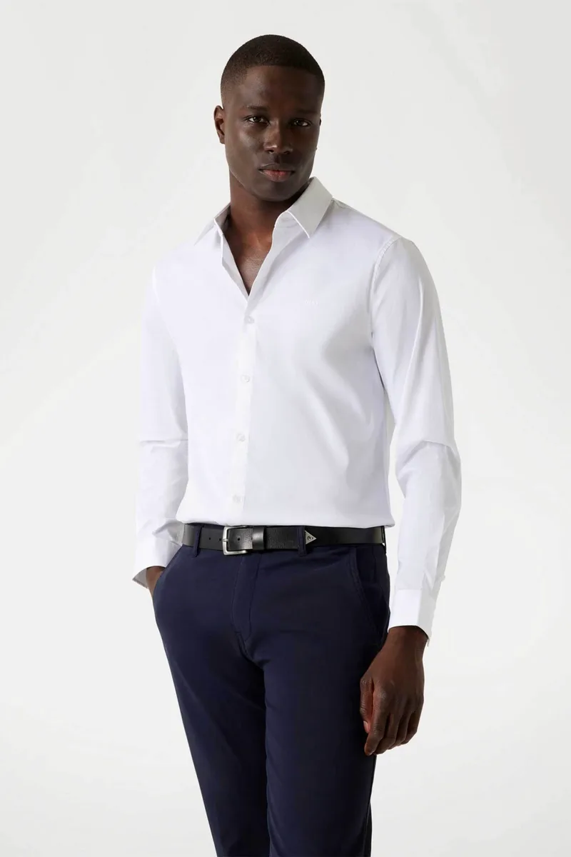 Guess ανδρικό πουκάμισο μονόχρωμο Slim Fit - M1YH20W7ZK1 Λευκό