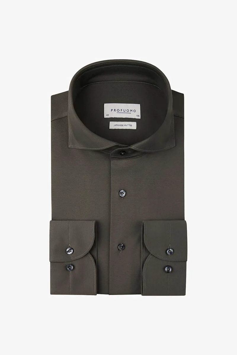 Profuomo ανδρικό μονόχρωμο πουκάμισο Japanese knitted Slim Fit - PPVH10047F Χακί