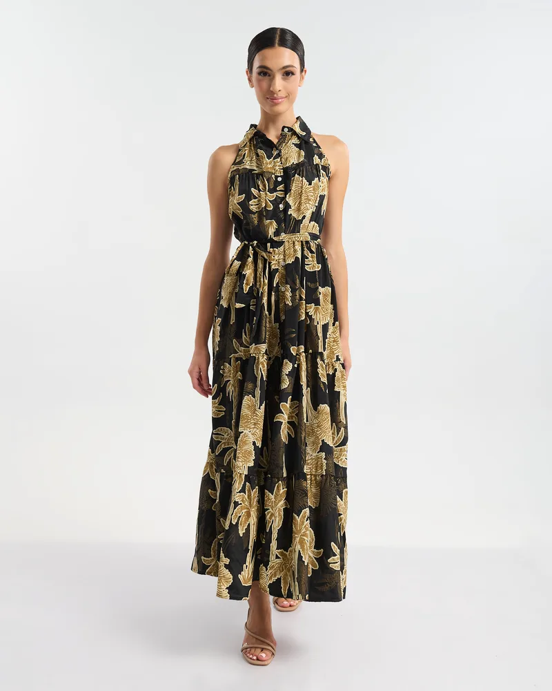 Φόρεμα BLE Maxi Με Tropical Print, Ζώνη & Γιακά