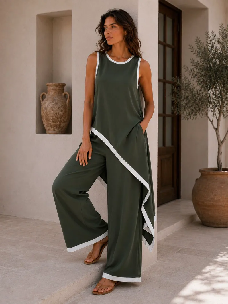 Minimal Σετ Με Ασύμμετρο Top & Wide Leg Παντελόνα- Χακί | Dress Up Χακί