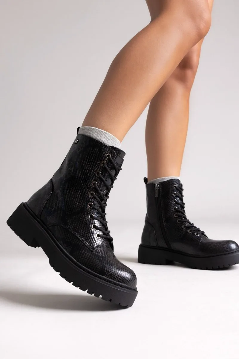 Xti Footwear Texture Lace-Up Combat Boots - 144389 - Black Snake Patern