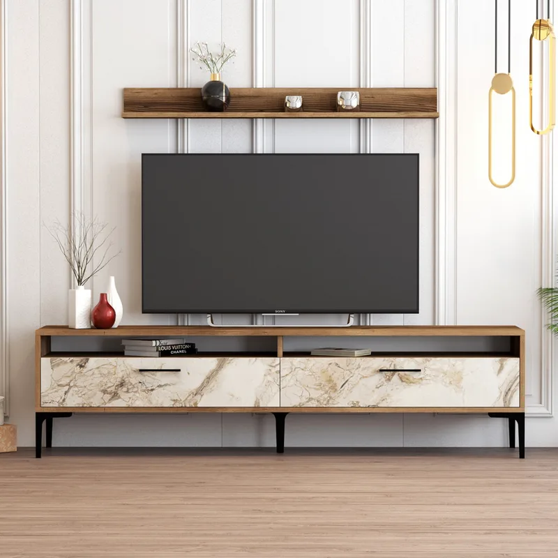 Σύνθεση Τηλεόρασης Istanbul - Walnut, White Marble 845Hct3097 (180x47x35 cm)