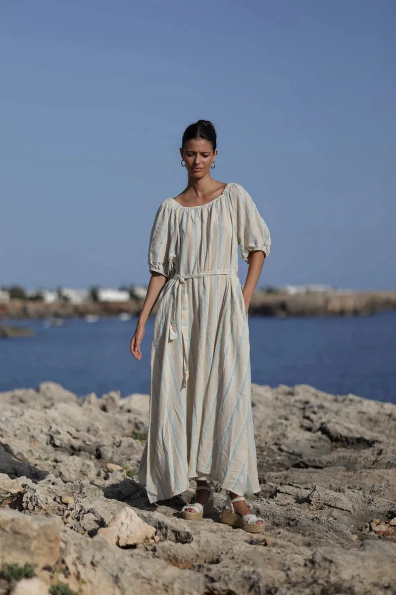 Luna Llena Γυναικείο Μακρύ Φόρεμα Βαμβακερό με Ζώνη και Ριγέ Σχέδιο Regular Fit σε Μπεζ