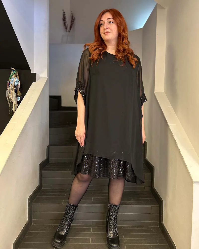 LINDA γυναικείο bigsize φόρεμα τούλι με παγιετα κάτω μέρος κ στα μανίκια