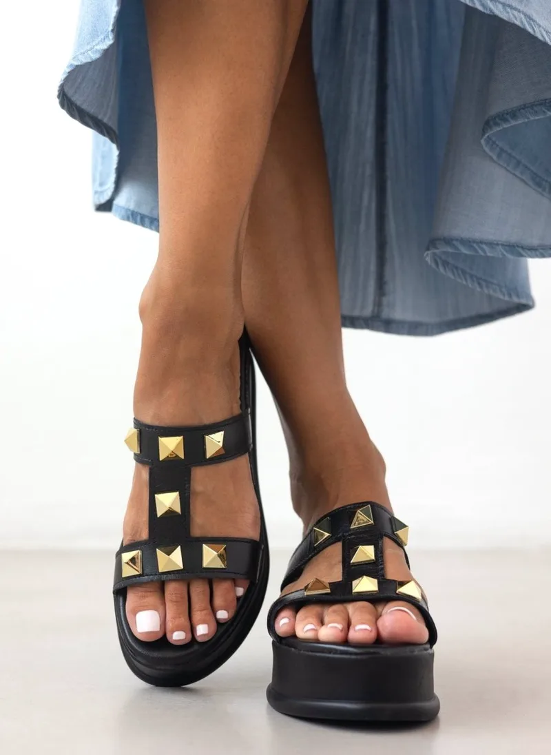 Estil Leather Studded Flatform Sandals - 82 - Black