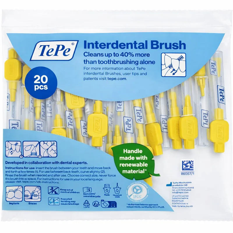 TePe Interdental Brush Μεσοδόντια Βουρτσάκια Καθαρισμού Ιδανικά για Άτομα με Εμφυτεύματα ή Σιδεράκια 20 Τεμάχια ISO Size 4 (0.70mm) Κίτρινο