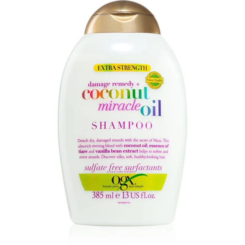 OGX Coconut Miracle Oil δυναμωτικό σαμπουάν για ταλειπωρημένα μαλλιά με έλαιο ινδοκάρυδου 385 ml