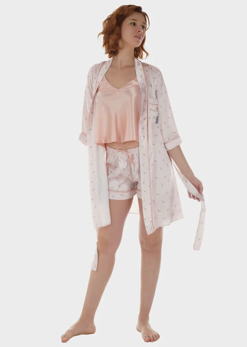 Γυναικείο σετ σατέν baby doll σόρτς & ρόμπα all print.Συσκευασία 3pack ΣΟΜΟΝ