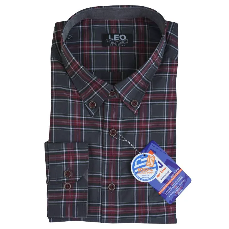 Πουκάμισο καρό γαλλικής ραφής "Grey Checked"by Leo collection - Anthracite/Red/White