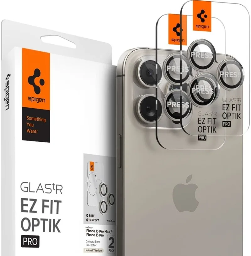 Spigen GLAS.tR EZ Fit OPTIK Pro Camera Lens Protector - Αντιχαρακτικό Προστατευτικό Γυαλί για Φακό Κάμερας Apple iPhone 17 Pro / 17 Pro Max / 16 Pro / 16 Pro Max / 15 Pro / 15 Pro Max / 14 Pro / 14 Pro Max - 2 Τεμάχια - Natural Titanium (AGL07163)
