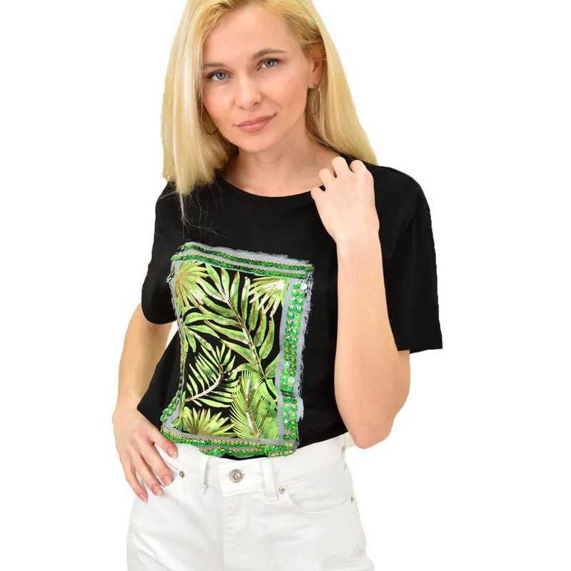 Γυναικείο T-shirt με τύπωμα και παγέτα Μαύρο 14728