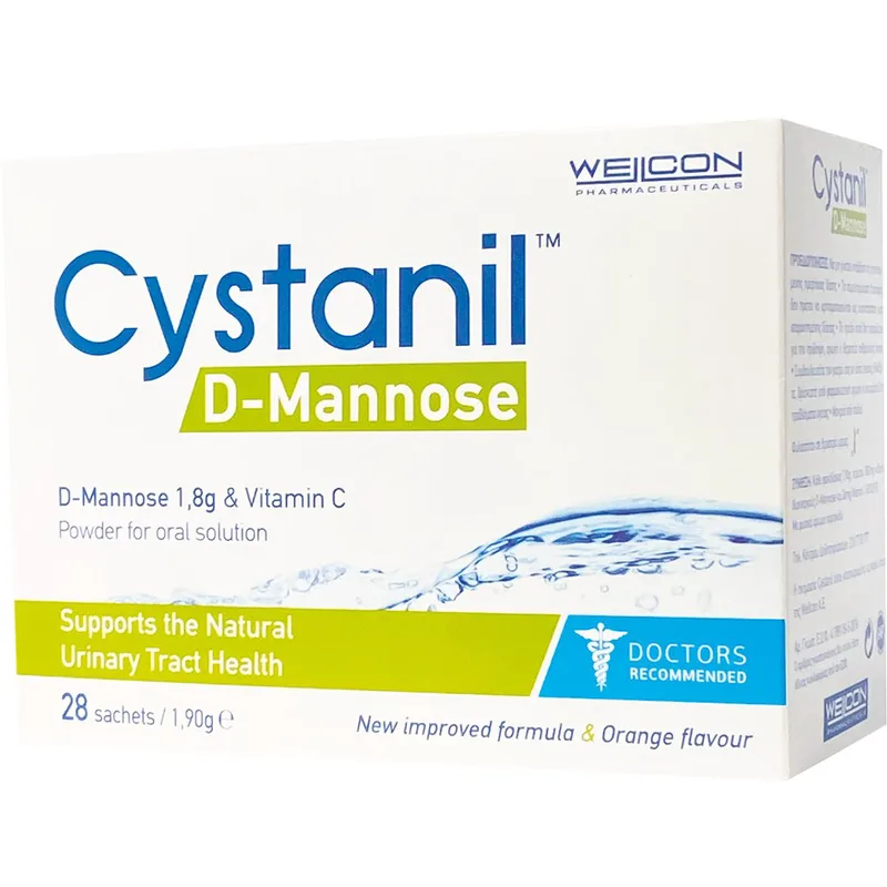 Wellcon Cystanil D Mannose Συμπλήρωμα Διατροφής με Μαννόζη & Βιταμίνη C για τη Διατήρηση της Φυσικής Υγείας του Ουροποιητικού & Ενίσχυση του Ανοσοποιητικού με Γεύση Πορτοκάλι 28 Sachets