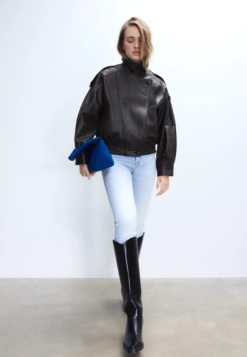 Stradivarius Oversize Μπουφάν Με Δερμάτινο Πέτο Μαύρο S