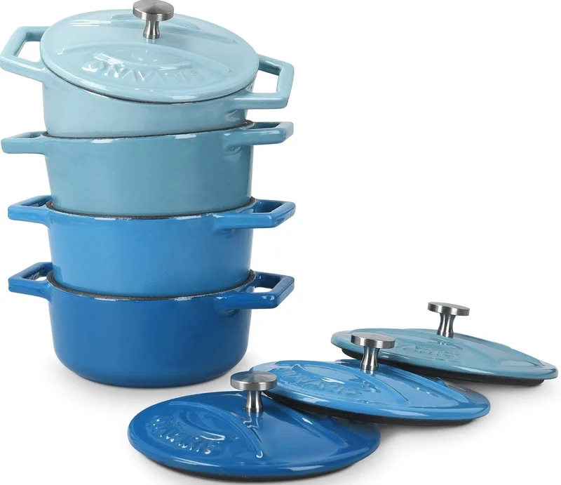 Navaris Cast Iron Round Cocottes - Σετ 4 Μίνι Αντικολλητικές Κατσαρόλες από Χυτοσίδηρο και Καπάκι από Ανοξείδωτο Ατσάλι για Φούρνο - 10,5cm - 290ml - Blue (49079.04.02)