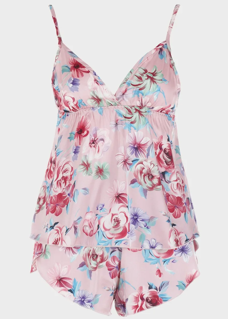 Γυναικείο saten baby doll all print floral πλαϊνό άνοιγμα ΡΟΖ