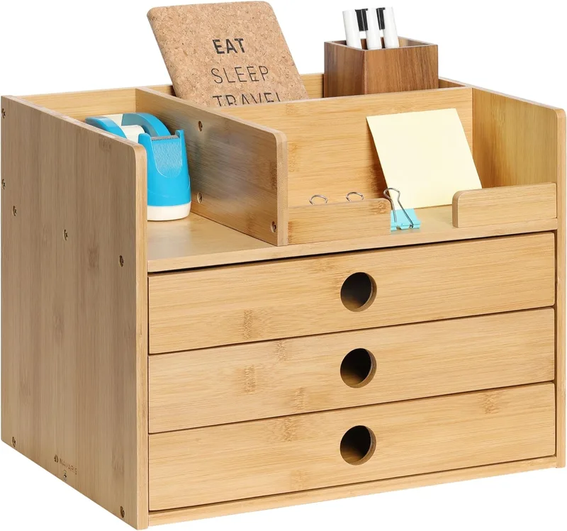 Navaris Bamboo Desk Organizer with Drawers - Ράφι / Βάση Οργάνωσης Γραφείου από Μπαμπού με 3 Συρτάρια - 33 x 24 x 26 cm - Natural (61774.05)