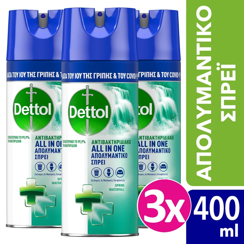 Dettol Πακέτο Προσφοράς All in One Spray Spring Waterfall Απολυμαντικό Αντιβακτηριδιακό Spray 3x400ml