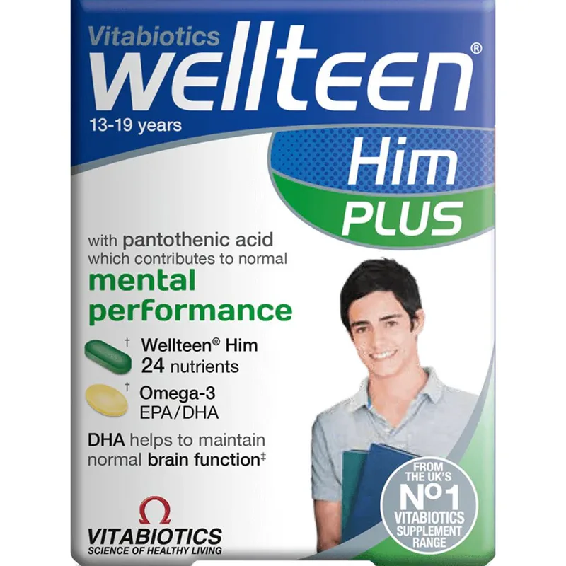 Vitabiotics Wellteen Him Plus Συμπλήρωμα Διατροφής Βιταμινών, Μετάλλων, Αμινοξέων & Ω3 Λιπαρών Οξέων Ειδικά Σχεδιασμένο για την Υποστήριξη της Γνωσιακής Λειτουργίας, Ενέργεια & Τόνωση σε Έφηβους & Νεαρούς Άνδρες 56tabs (28tabs & 28caps)
