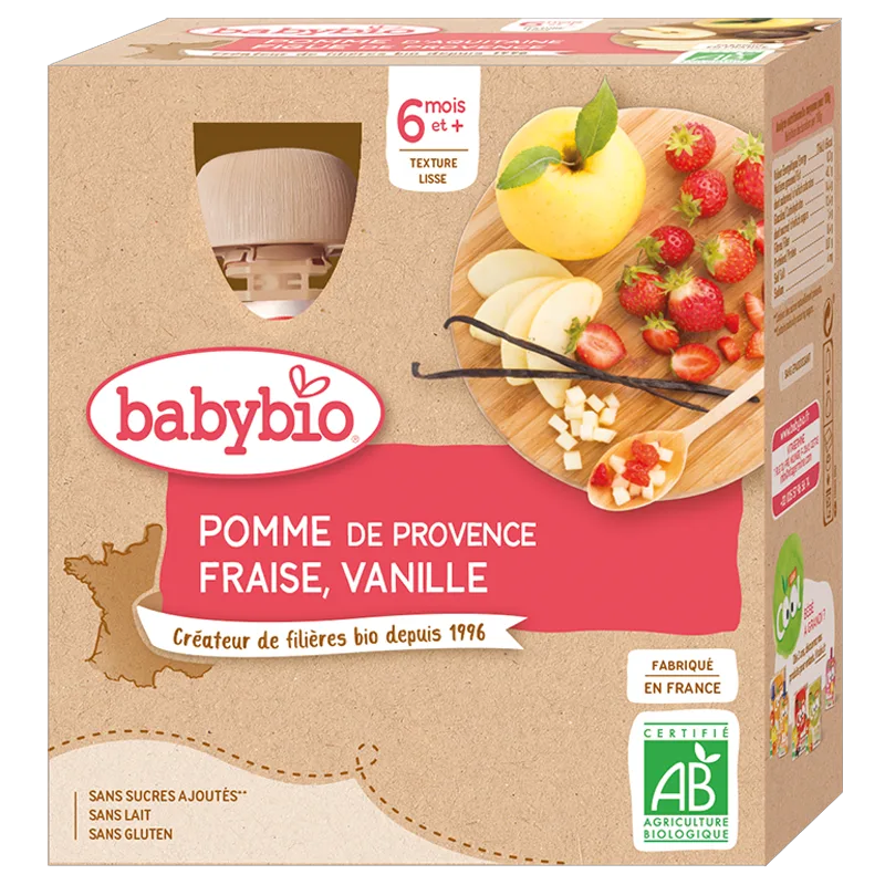 Babybio Fruit Bottles - 6 months and more - Apple, Strawberry, Vanilla - ORGANIC 4x90 g