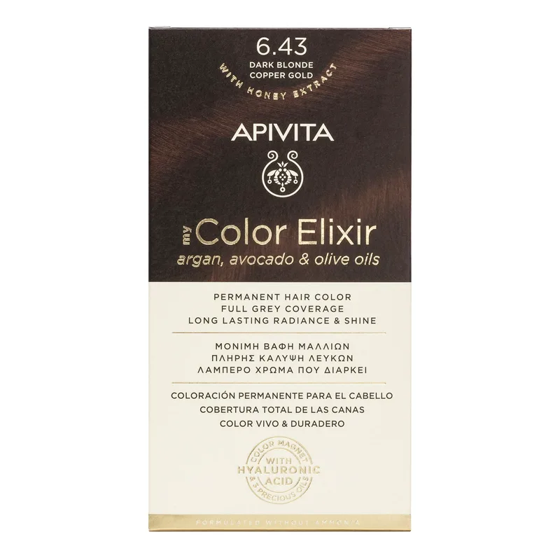 Apivita My Color Elixir Permanent Hair Color Μόνιμη Βαφή Μαλλιών Χωρίς Αμμωνία που Σταθεροποιεί & Σφραγίζει το Χρώμα 1 Τεμάχιο - 6.43 Ξανθό Σκούρο Χάλκινο Μελί