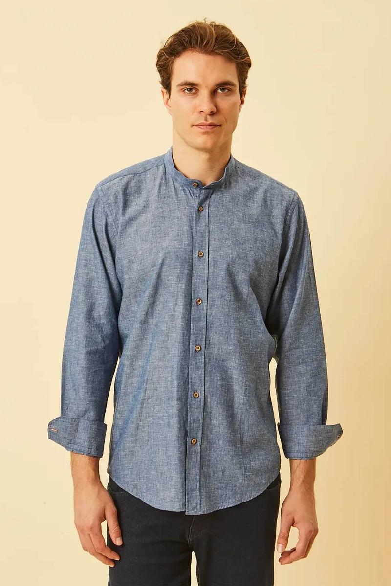 DORS ανδρικό πουκάμισο μάο με λινάρι Regular Fit - 1040014.C02 Μπλε