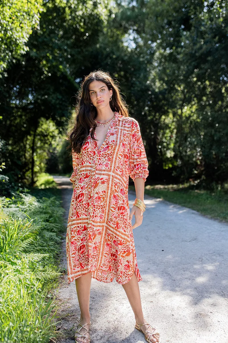 Γυναικείο Φόρεμα Regular Φόρμα Βισκόζη Με Boho Print Κόκκινο