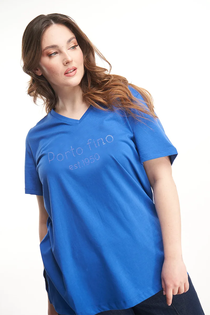Μπλούζα με τύπωμα στρας "Porto fino" σε ρουά χρώμα plus size