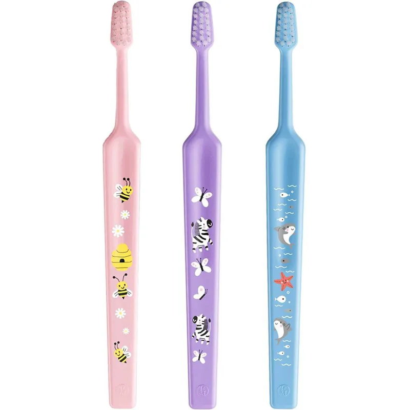 TePe Mini Extra Soft 0-6 Years Toothbrush Παιδική Οδοντόβουρτσα με Κωνική Κεφαλή & Πολύ Μαλακές Αποστρογγυλεμένες Ίνες 3 Τεμάχια - Ροζ / Λιλά / Γαλάζιο