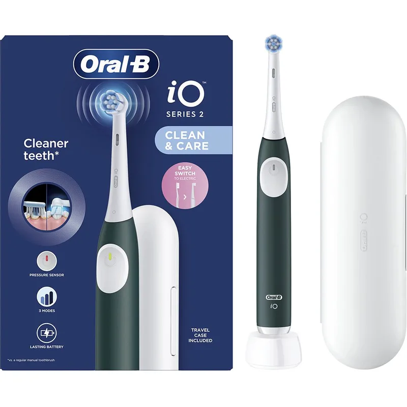 Oral-B iO Series 2 Clean & Care Electric Toothbrush with Travel Case Ηλεκτρική Οδοντόβουρτσα με 3 Προγράμματα Καθαρισμού & Αισθητήρα Πίεσης σε Σκούρο Πράσινο Χρώμα με Θήκη Μεταφοράς 1 Τεμάχιο - Dark Green
