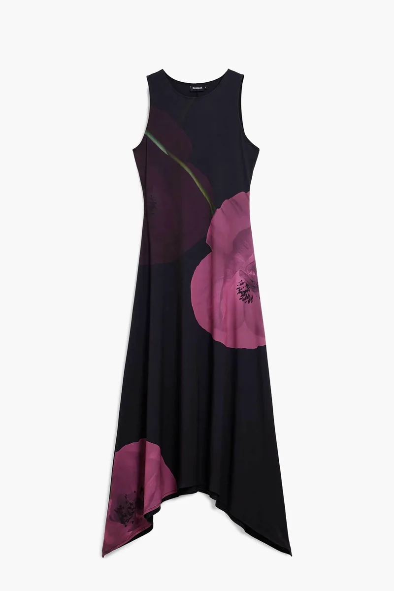 Desigual γυναικείο midi αμάνικο φόρεμα με floral print και ασύμμετρο τελείωμα "Virginia" - 26SWVK06 Μαύρο
