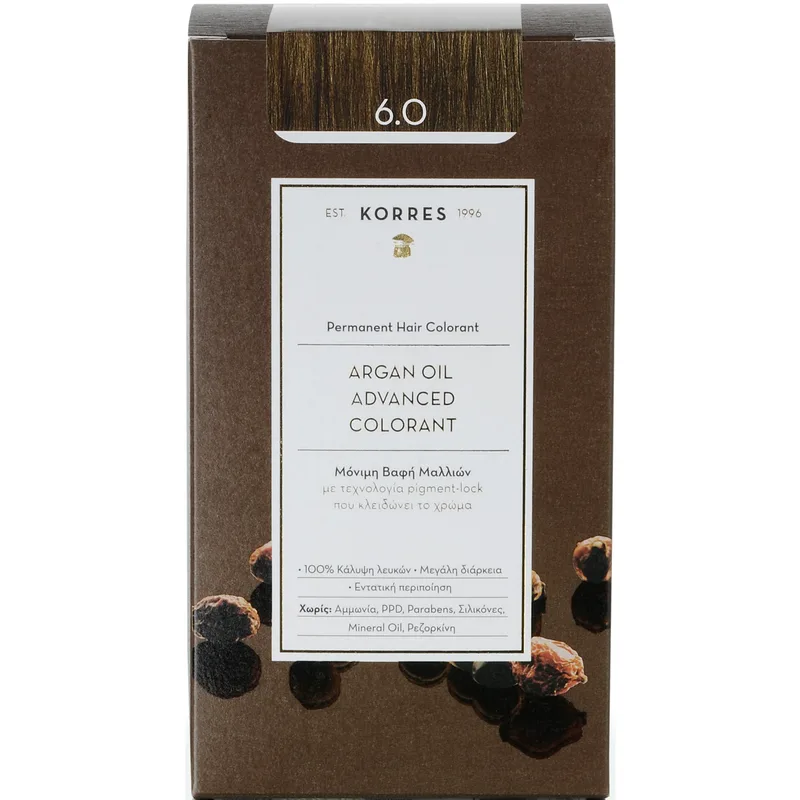 Korres Argan Oil Βαφή Μαλλιών Χωρίς Αμμωνία με Τεχνολογία Pigment-Lock που Κλειδώνει το Χρώμα 1 Τεμάχιο - 6.0 Ξανθό Σκούρο Φυσικό