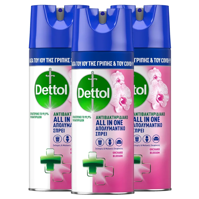 Σετ Dettol Spray Orchard Blossom Απολυμαντικό, Αντιβακτηριδιακό Spray για Σκληρές & Μαλακές Επιφάνειες 3x400ml