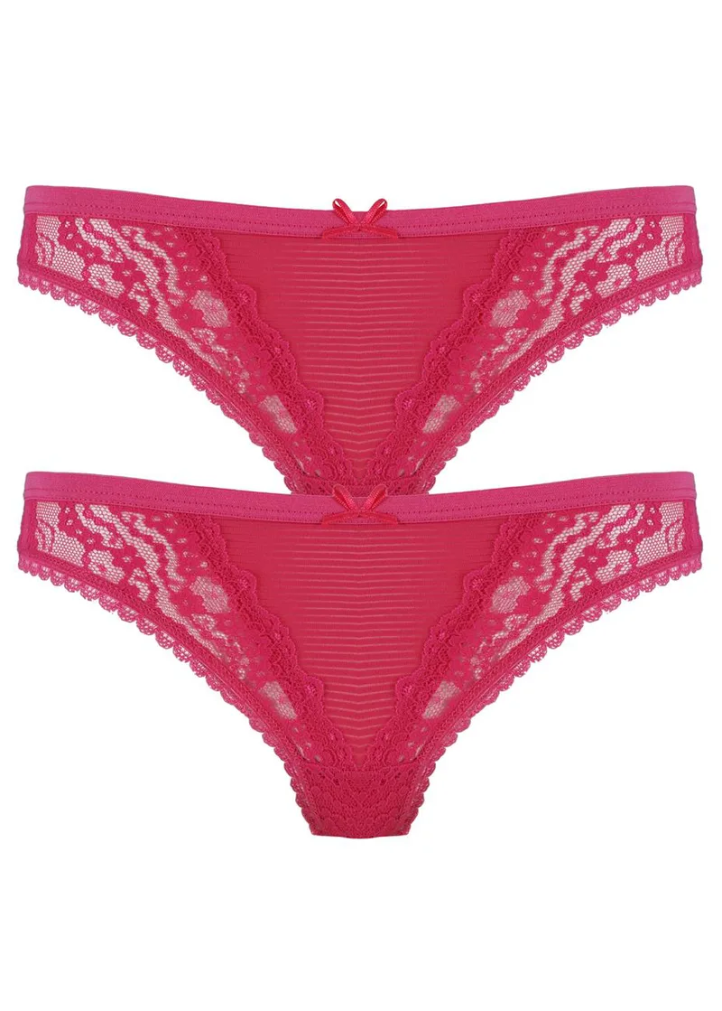 Γυναικείο string cotton & διακοσμητική δαντέλα. 2 τεμ ΦΟΥΞΙΑ